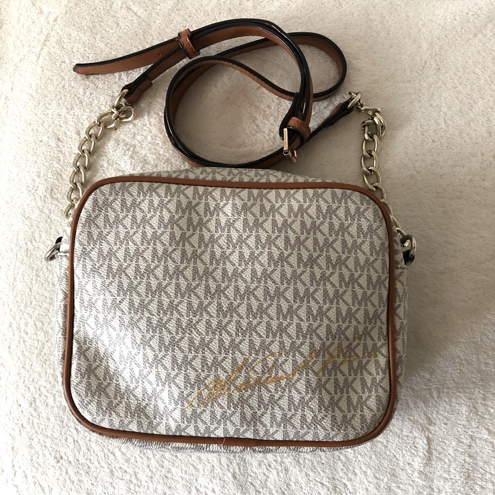 Michael Kors MK monogram coated canvas white crossbody camera bag